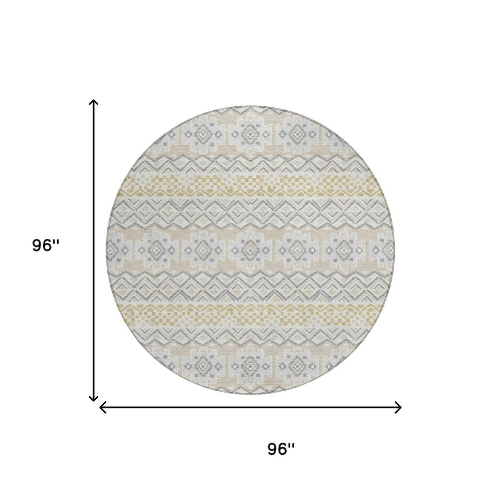 8' Ivory And Silver Round Striped Washable Indoor Outdoor Area Rug HomeRoots