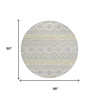 8' Ivory And Silver Round Striped Washable Indoor Outdoor Area Rug HomeRoots