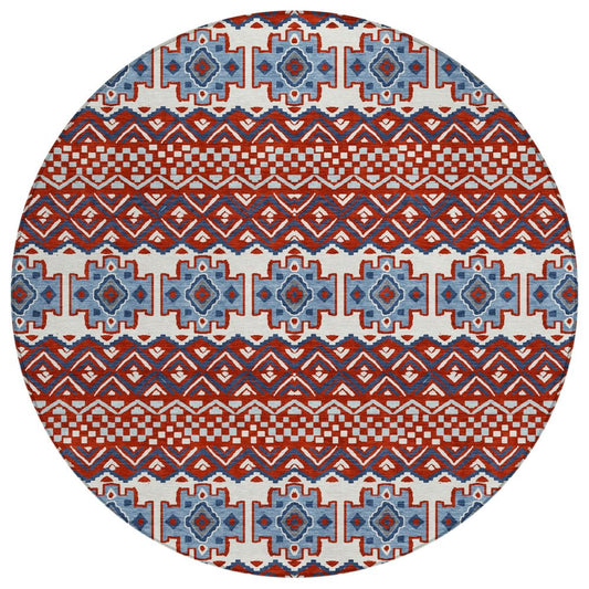 8' Red And Ivory Round Striped Washable Indoor Outdoor Area Rug