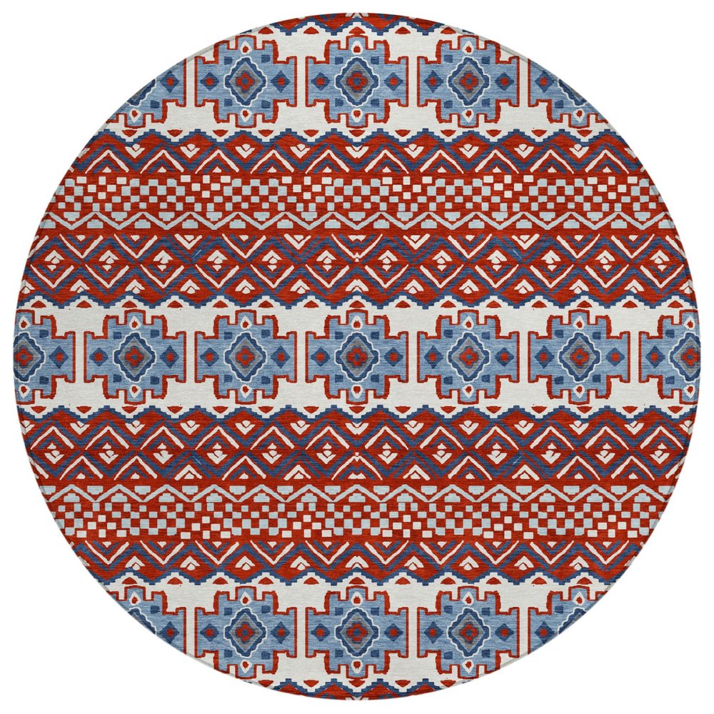 8' Red And Ivory Round Striped Washable Indoor Outdoor Area Rug HomeRoots