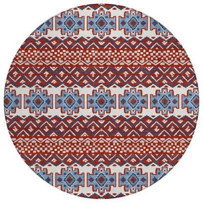 8' Red And Ivory Round Striped Washable Indoor Outdoor Area Rug HomeRoots
