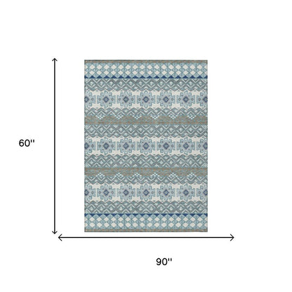 5' X 8' Teal Blue And Pewter Striped Washable Indoor Outdoor Area Rug