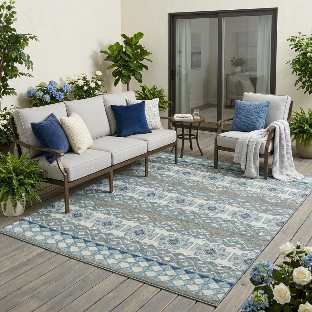 5' X 8' Teal Blue And Pewter Striped Washable Indoor Outdoor Area Rug HomeRoots
