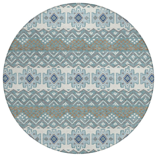 8' Teal Blue And Pewter Round Striped Washable Indoor Outdoor Area Rug