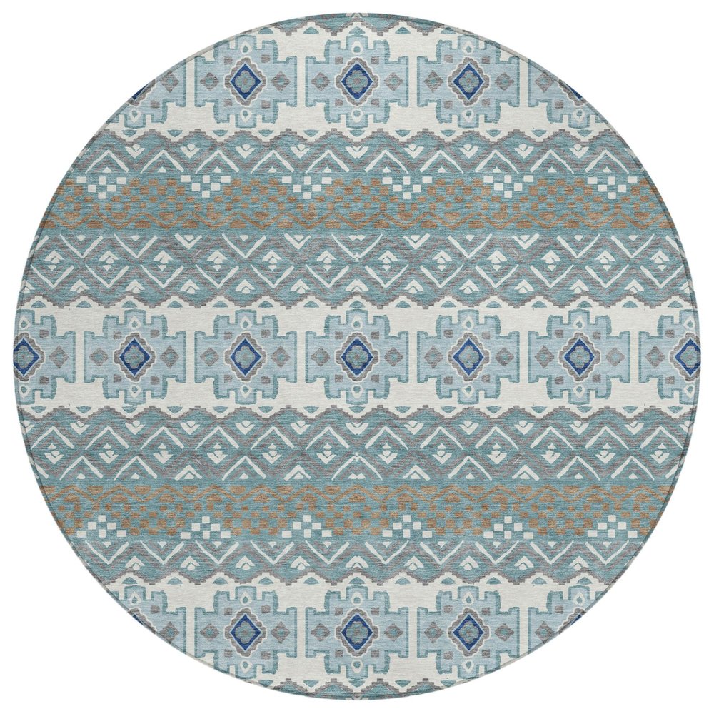 8' Teal Blue And Pewter Round Striped Washable Indoor Outdoor Area Rug HomeRoots