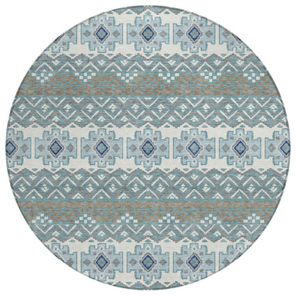 8' Teal Blue And Pewter Round Striped Washable Indoor Outdoor Area Rug HomeRoots
