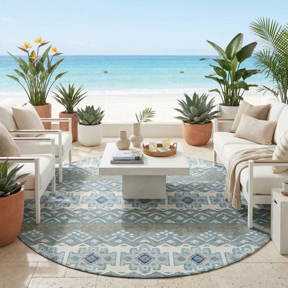 8' Teal Blue And Pewter Round Striped Washable Indoor Outdoor Area Rug HomeRoots