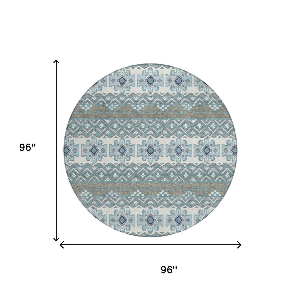 8' Teal Blue And Pewter Round Striped Washable Indoor Outdoor Area Rug HomeRoots