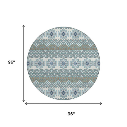 8' Teal Blue And Pewter Round Striped Washable Indoor Outdoor Area Rug HomeRoots
