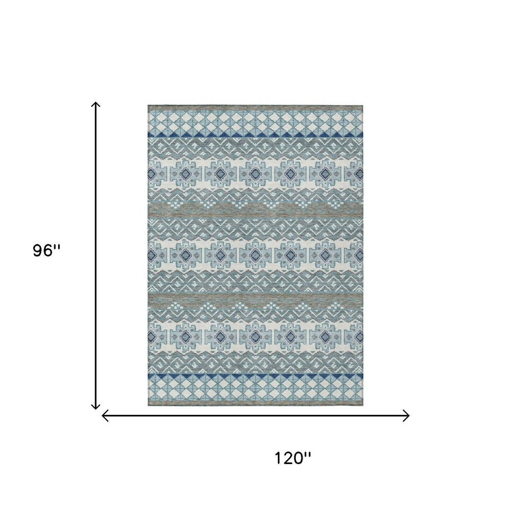 8' X 10' Teal Blue And Pewter Striped Washable Indoor Outdoor Area Rug HomeRoots
