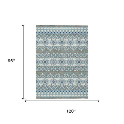 8' X 10' Teal Blue And Pewter Striped Washable Indoor Outdoor Area Rug HomeRoots