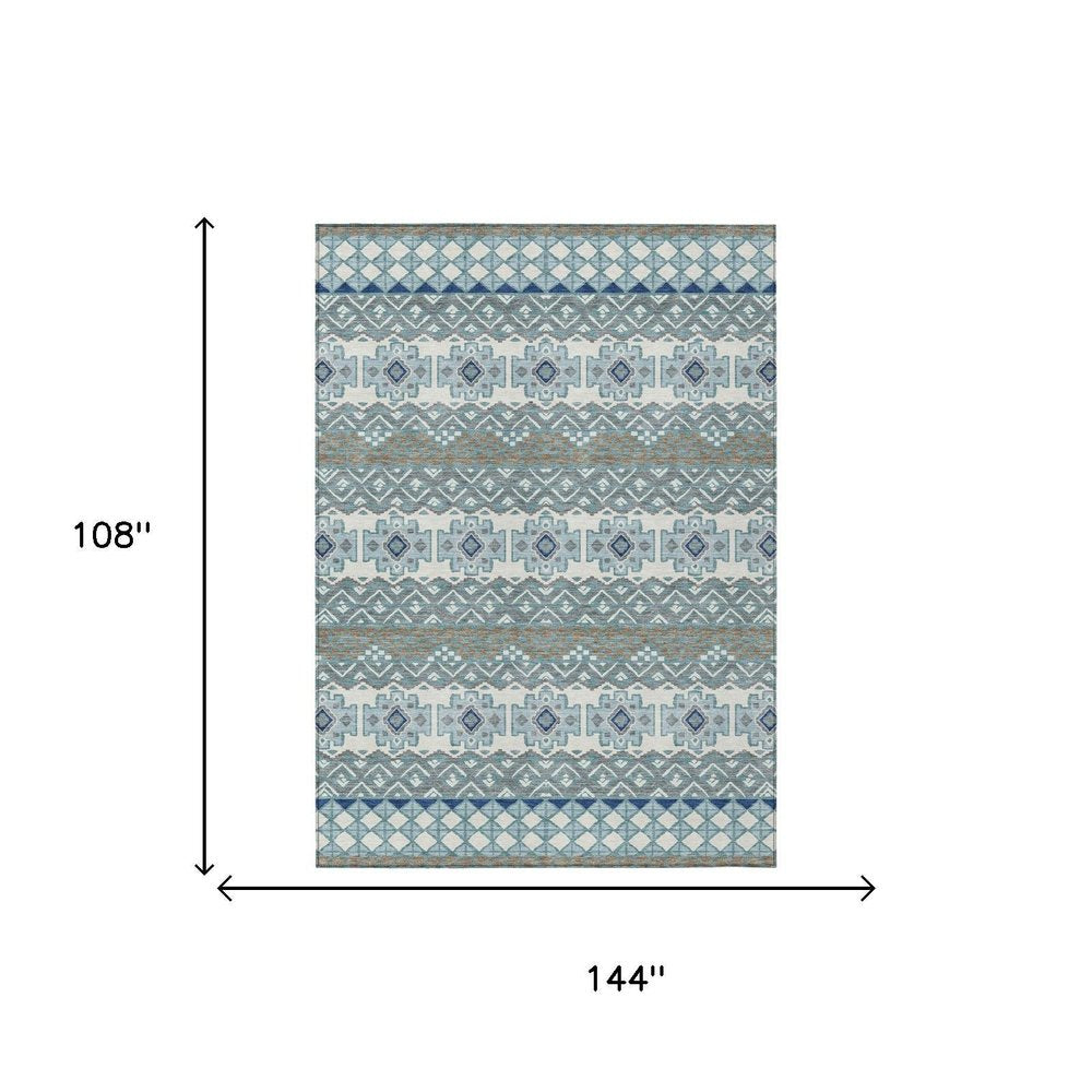 9' X 12' Teal Blue And Pewter Striped Washable Indoor Outdoor Area Rug HomeRoots