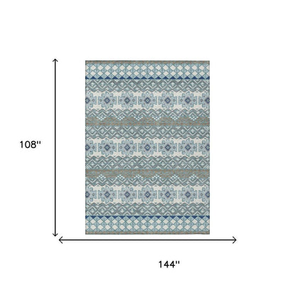 9' X 12' Teal Blue And Pewter Striped Washable Indoor Outdoor Area Rug HomeRoots