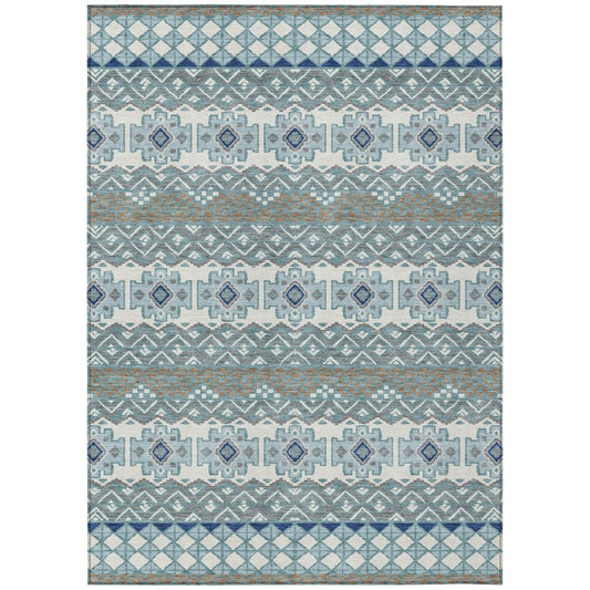 9' X 12' Teal Blue And Pewter Striped Washable Indoor Outdoor Area Rug