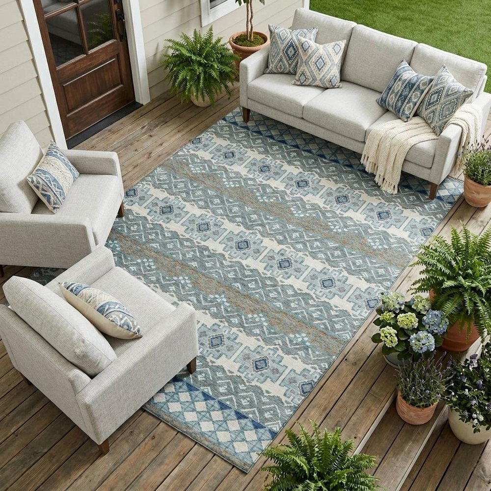 9' X 12' Teal Blue And Pewter Striped Washable Indoor Outdoor Area Rug HomeRoots
