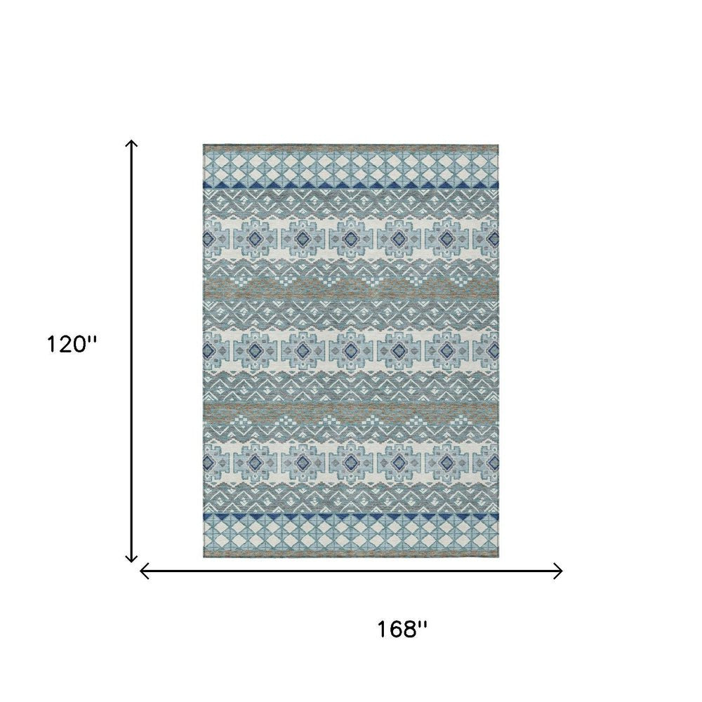 10' X 14' Teal Blue And Pewter Striped Washable Indoor Outdoor Area Rug