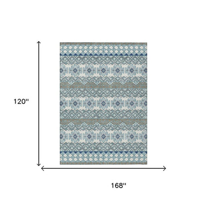 10' X 14' Teal Blue And Pewter Striped Washable Indoor Outdoor Area Rug