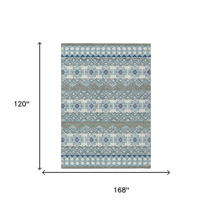 10' X 14' Teal Blue And Pewter Striped Washable Indoor Outdoor Area Rug HomeRoots