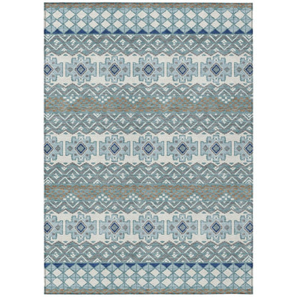 10' X 14' Teal Blue And Pewter Striped Washable Indoor Outdoor Area Rug