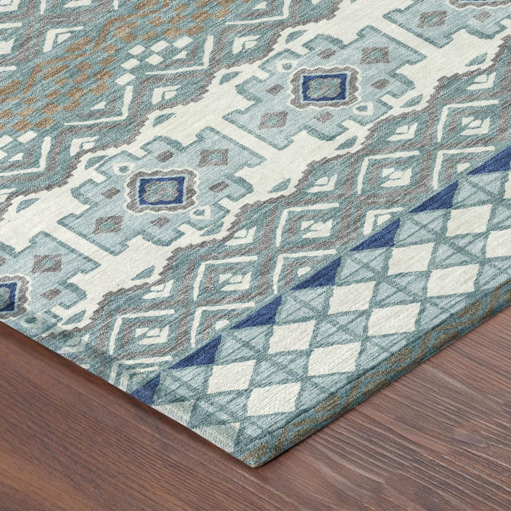 10' X 14' Teal Blue And Pewter Striped Washable Indoor Outdoor Area Rug
