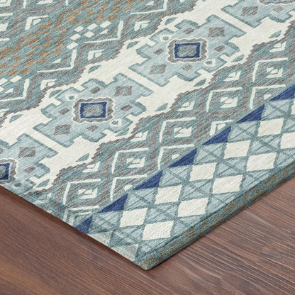 10' X 14' Teal Blue And Pewter Striped Washable Indoor Outdoor Area Rug