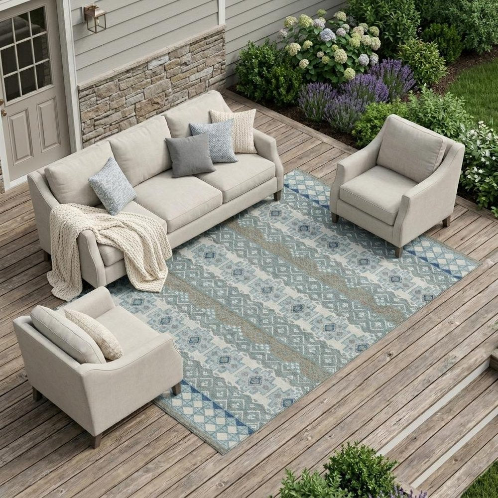 10' X 14' Teal Blue And Pewter Striped Washable Indoor Outdoor Area Rug
