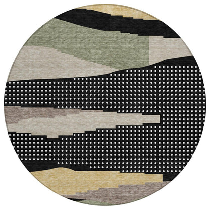 8' Black And Beige Round Abstract Washable Indoor Outdoor Area Rug HomeRoots
