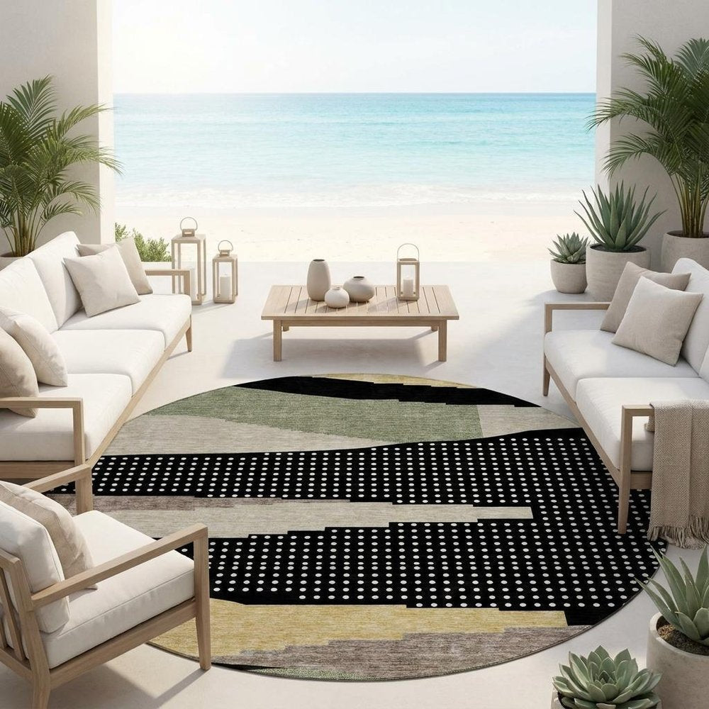 8' Black And Beige Round Abstract Washable Indoor Outdoor Area Rug HomeRoots