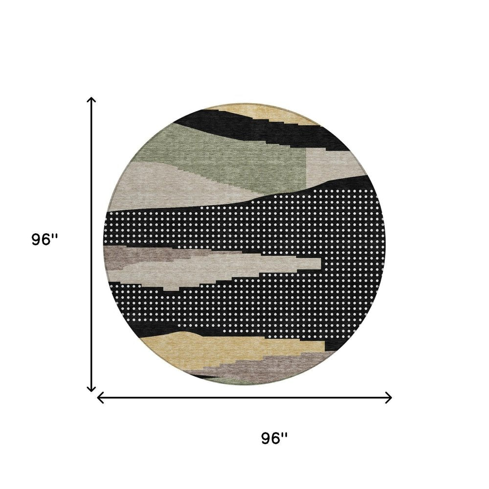 8' Black And Beige Round Abstract Washable Indoor Outdoor Area Rug HomeRoots