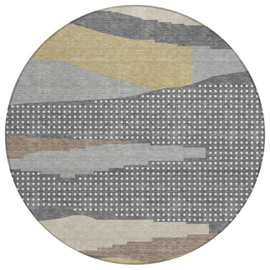 8' Gray And Pewter Round Abstract Washable Indoor Outdoor Area Rug