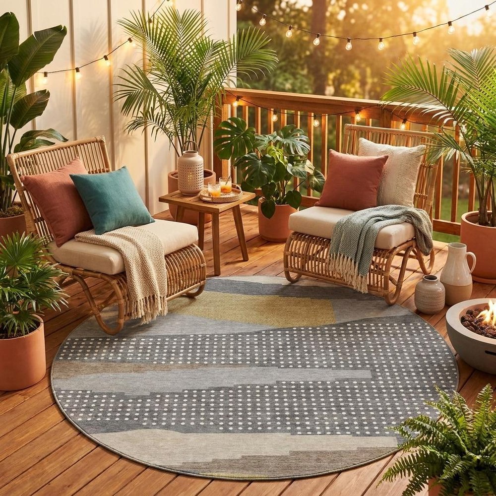 8' Gray And Pewter Round Abstract Washable Indoor Outdoor Area Rug HomeRoots