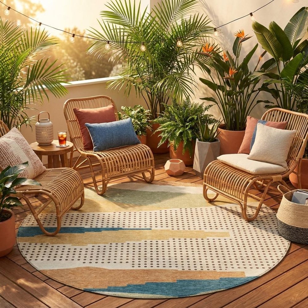8' Ivory And Cream Round Abstract Washable Indoor Outdoor Area Rug HomeRoots