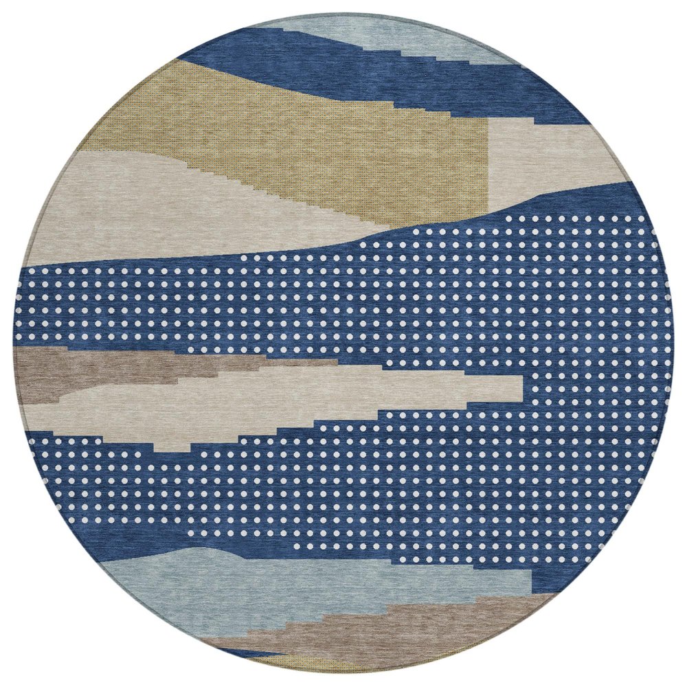 8' Navy Blue And Blue Round Abstract Washable Indoor Outdoor Area Rug HomeRoots