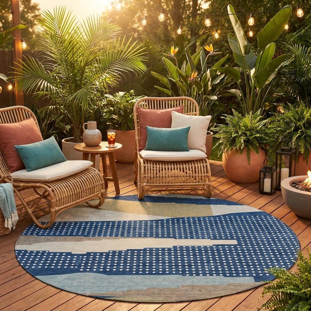 8' Navy Blue And Blue Round Abstract Washable Indoor Outdoor Area Rug HomeRoots