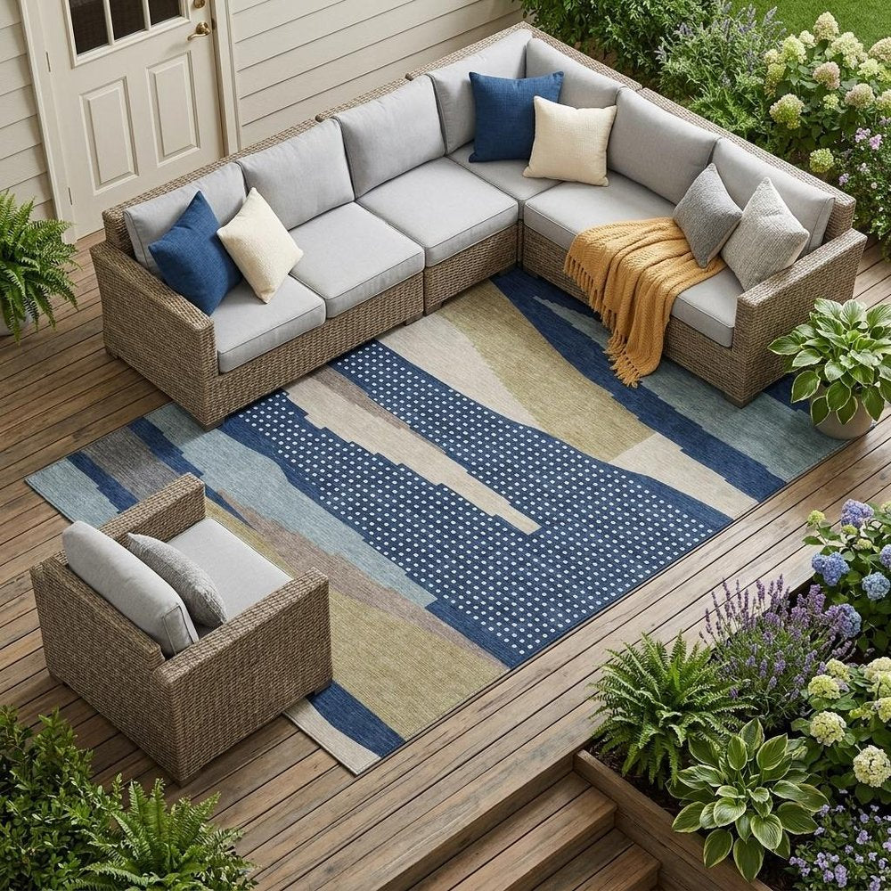 9' X 12' Navy Blue And Blue Abstract Washable Indoor Outdoor Area Rug HomeRoots