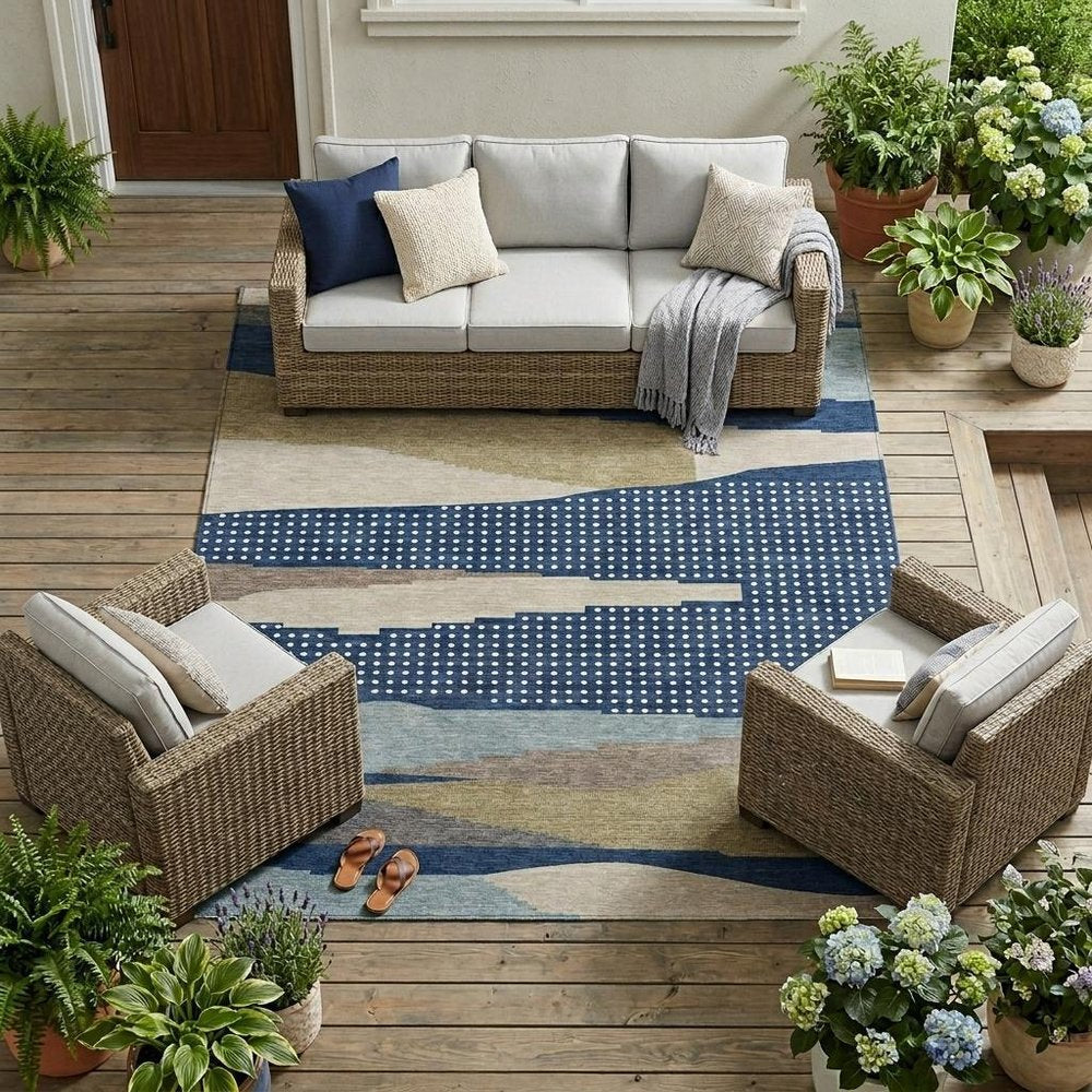 10' X 14' Navy Blue And Blue Abstract Washable Indoor Outdoor Area Rug HomeRoots