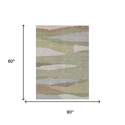 5' X 8' Sage And Green Abstract Washable Indoor Outdoor Area Rug