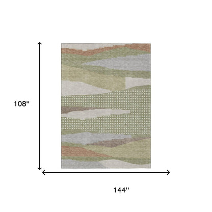 9' X 12' Sage And Green Abstract Washable Indoor Outdoor Area Rug