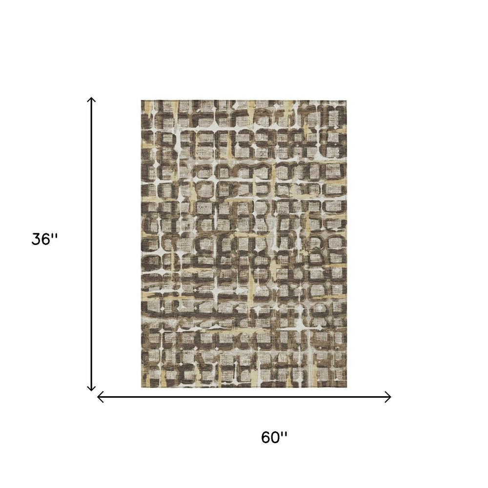 3' X 5' Beige And Brown Geometric Washable Indoor Outdoor Area Rug HomeRoots