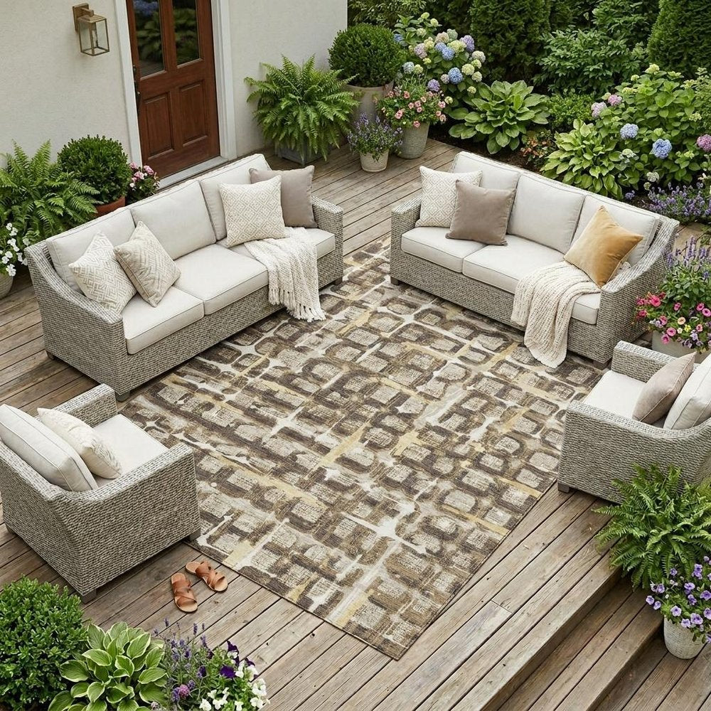8' X 10' Beige And Brown Geometric Washable Indoor Outdoor Area Rug HomeRoots
