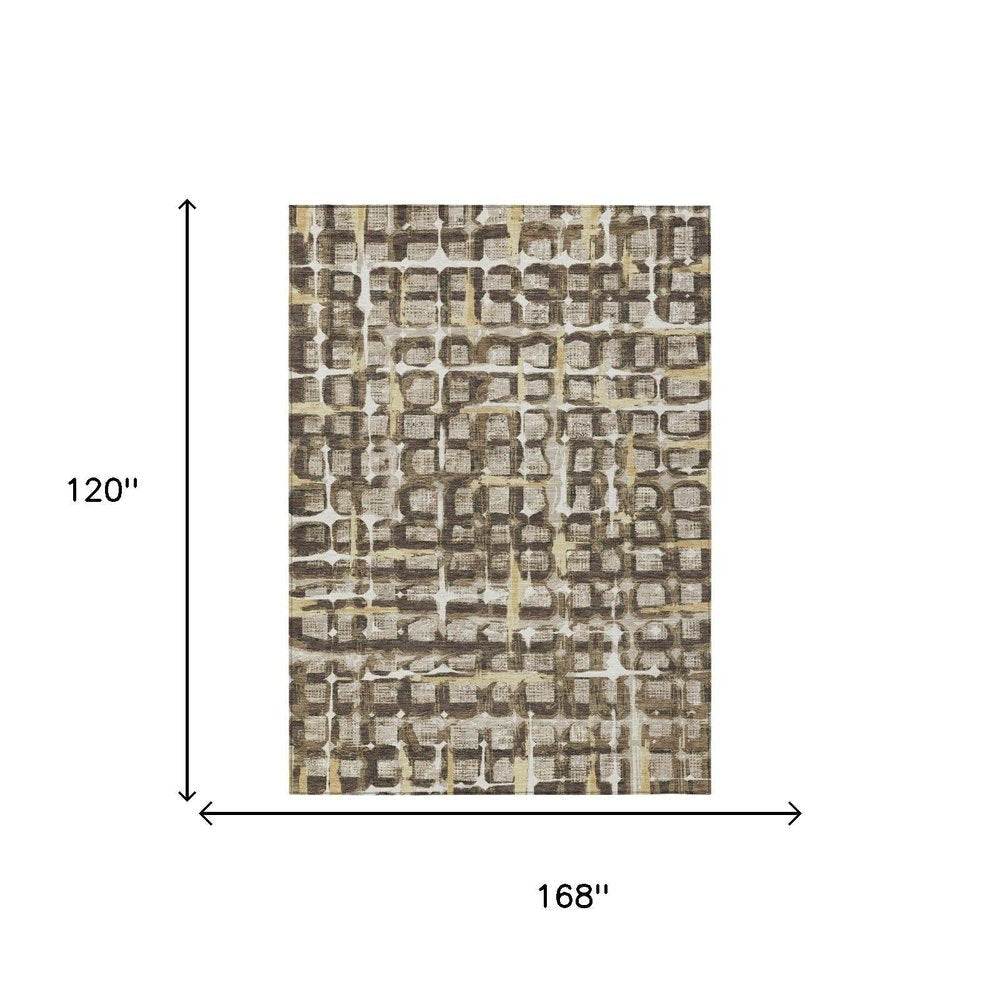 10' X 14' Beige And Brown Geometric Washable Indoor Outdoor Area Rug HomeRoots