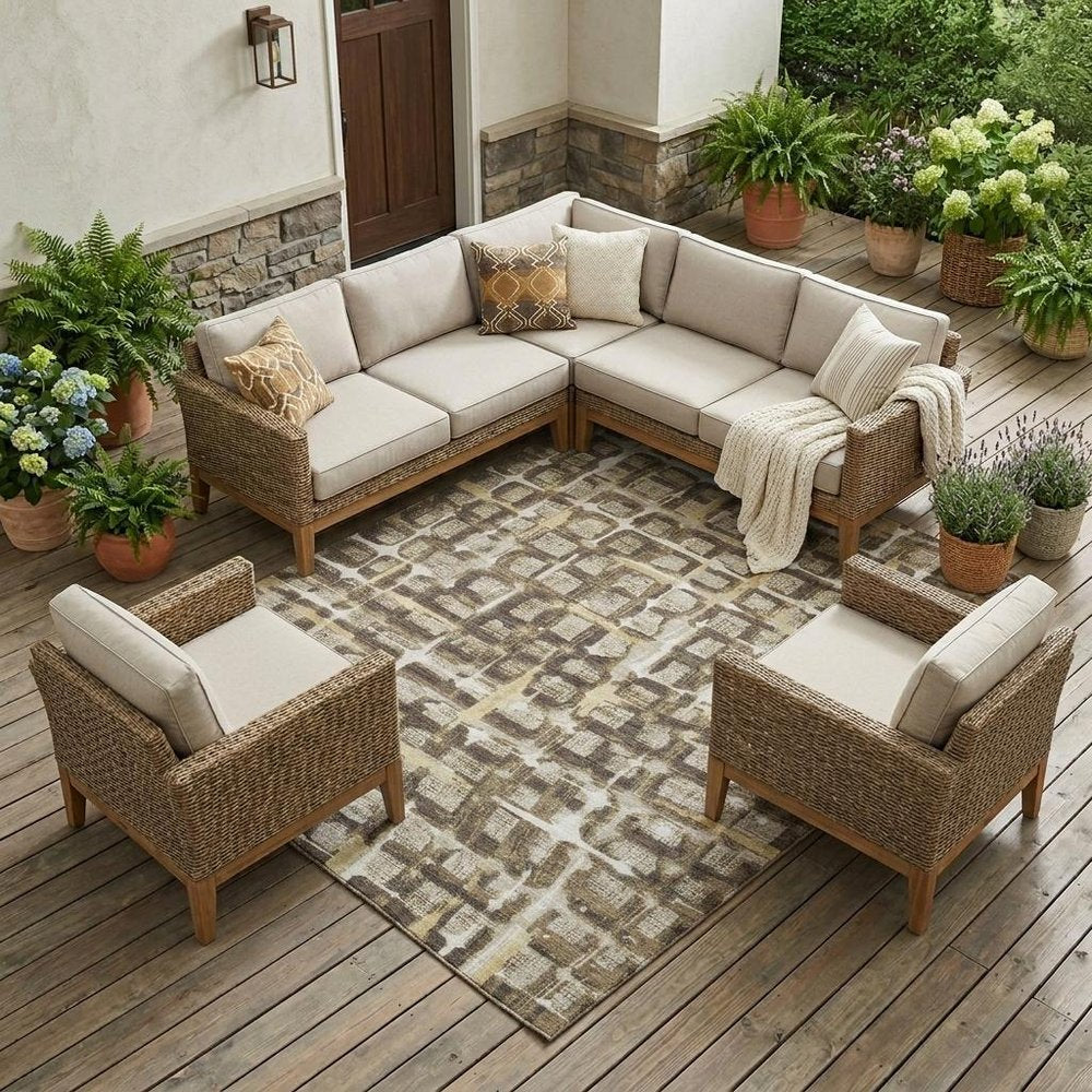 10' X 14' Beige And Brown Geometric Washable Indoor Outdoor Area Rug HomeRoots