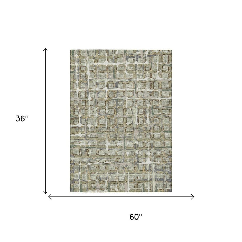 3' X 5' Green And Khaki Geometric Washable Indoor Outdoor Area Rug HomeRoots