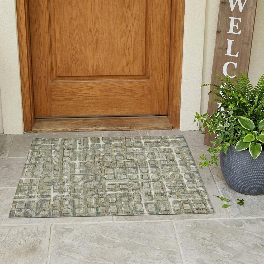 3' X 5' Green And Khaki Geometric Washable Indoor Outdoor Area Rug HomeRoots