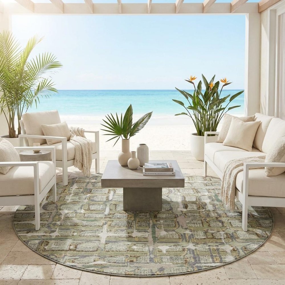 8' Green And Khaki Round Geometric Washable Indoor Outdoor Area Rug HomeRoots