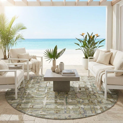 8' Green And Khaki Round Geometric Washable Indoor Outdoor Area Rug HomeRoots