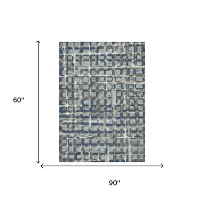 5' X 8' Blue And Gray Geometric Washable Indoor Outdoor Area Rug HomeRoots