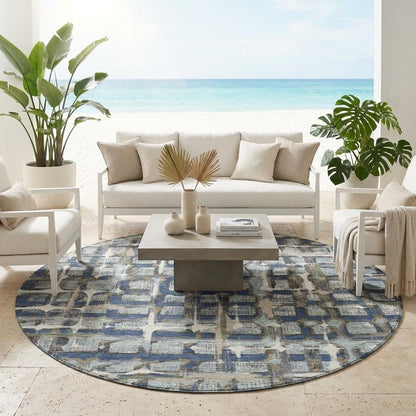 8' Blue And Gray Round Geometric Washable Indoor Outdoor Area Rug HomeRoots