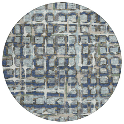 8' Blue And Gray Round Geometric Washable Indoor Outdoor Area Rug HomeRoots