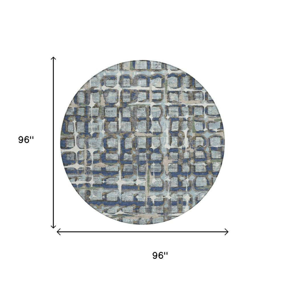 8' Blue And Gray Round Geometric Washable Indoor Outdoor Area Rug HomeRoots